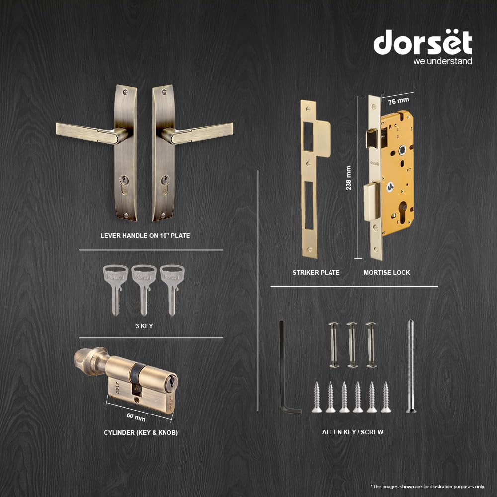 Tulip Mortise Lockset - Main Door Lock Handle Set | 10" Plate, Key and Knob Cylinder Lock (60mm) | Mortise Lockset Main Door and Doors 3 Keys, Antique - Image 4