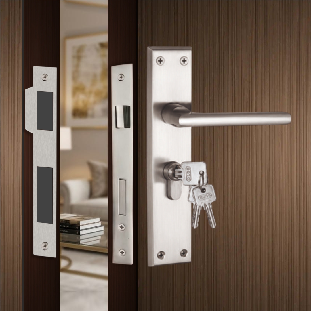 Camellia Mortise Lockset – Main Door Lock Handle Set | 10″ Plate, Key and Knob Cylinder Lock (60mm)