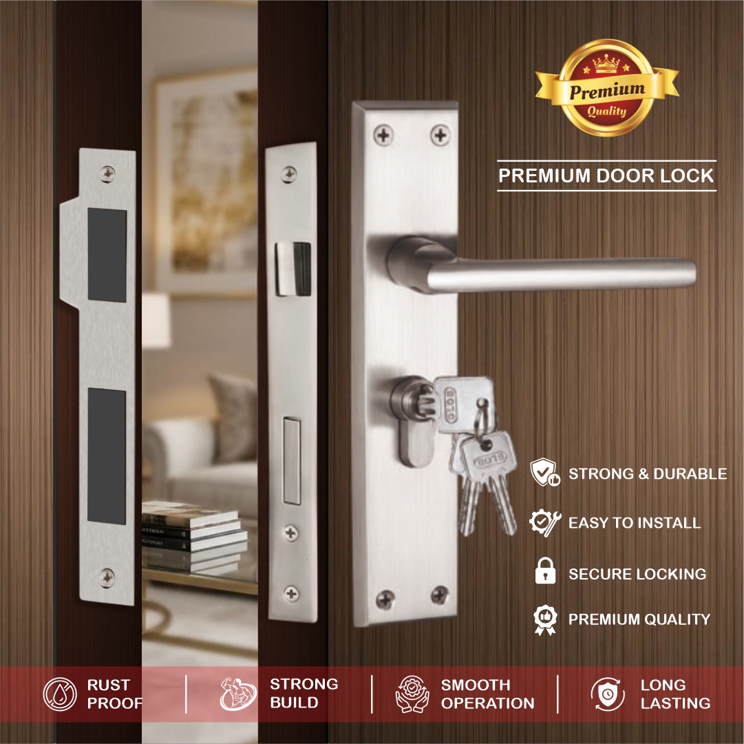 Camellia Mortise Lockset – Main Door Lock Handle Set | 10″ Plate, Key and Knob Cylinder Lock (60mm) - Image 2