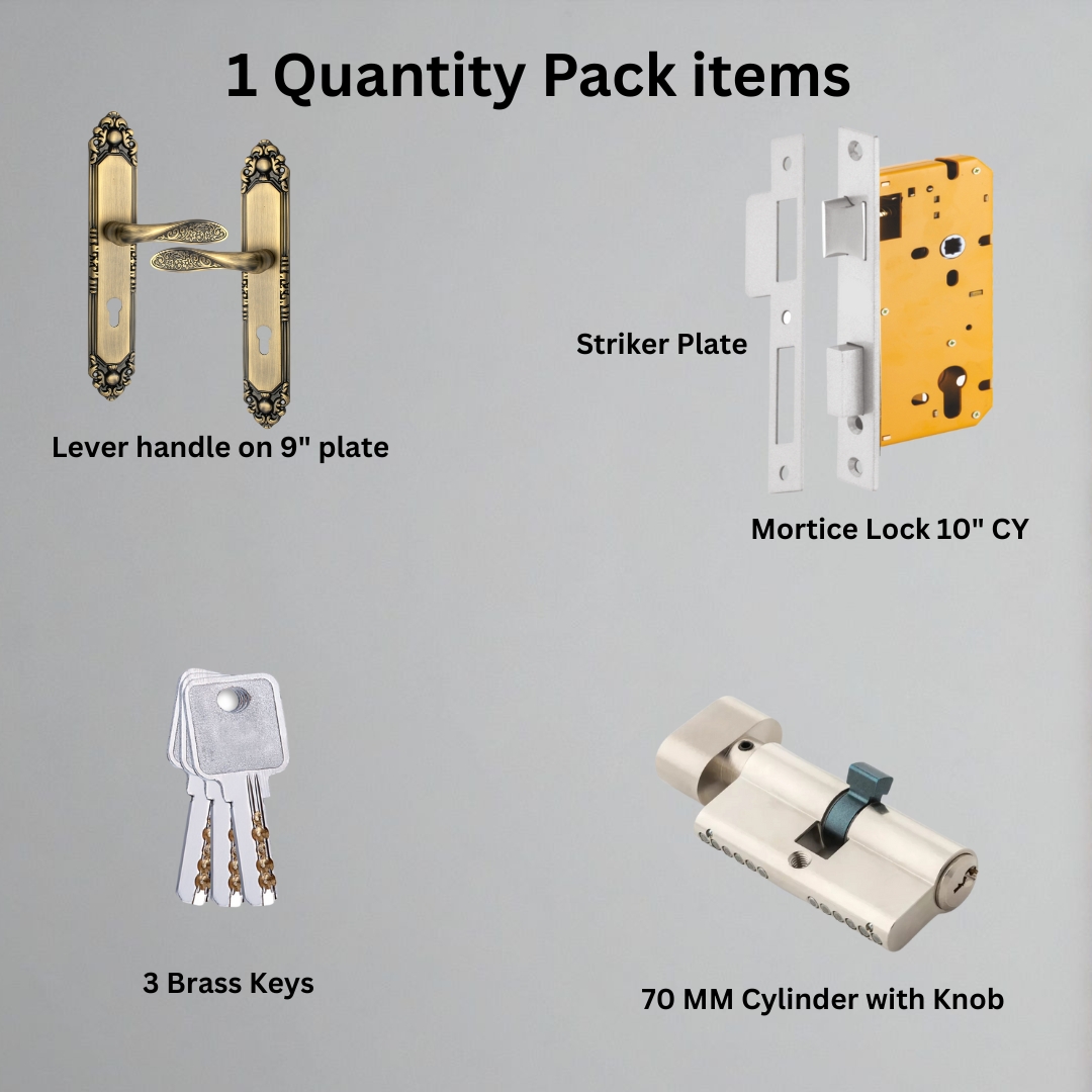 Magnolia Mortise Lockset – Main Door Lock Handle Set | 9″ Plate, Key and Knob Cylinder Lock (60mm) | Mortise Lockset Main Door and Doors 3 Keys, Antique - Image 2